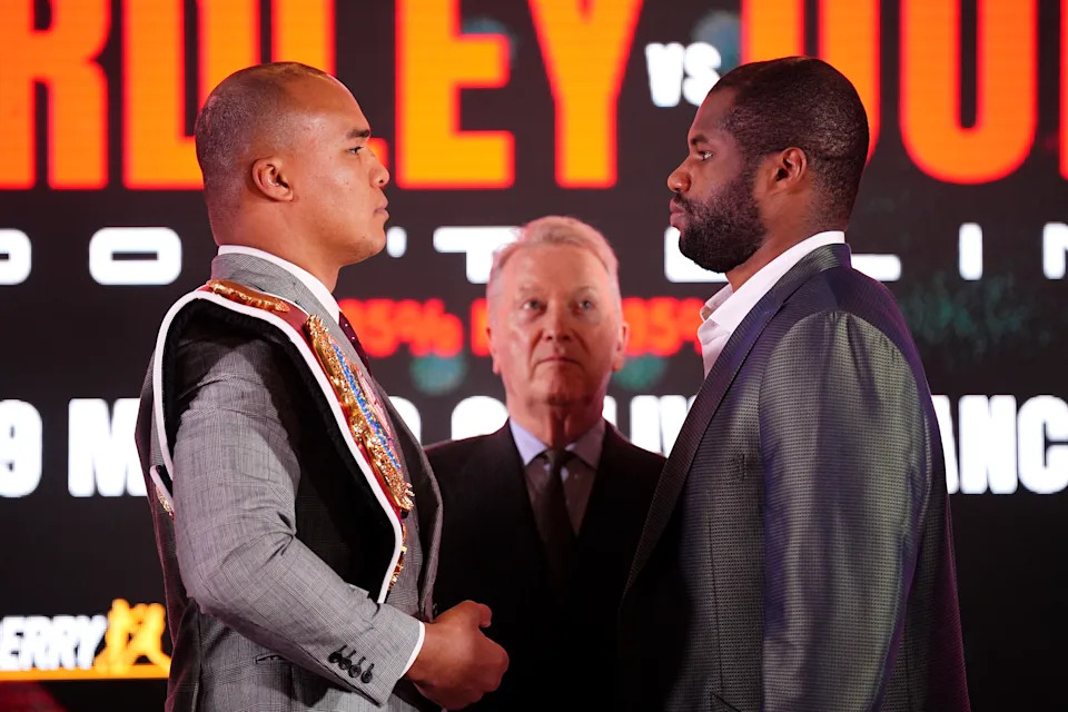 Fabio Wardley and Daniel Dubois (right) face off as Frank Warren watches on during a press conference at The Dutch Hall, London. Picture date: Wednesday February 25, 2026. (Photo by James Manning/PA Images via Getty Images)