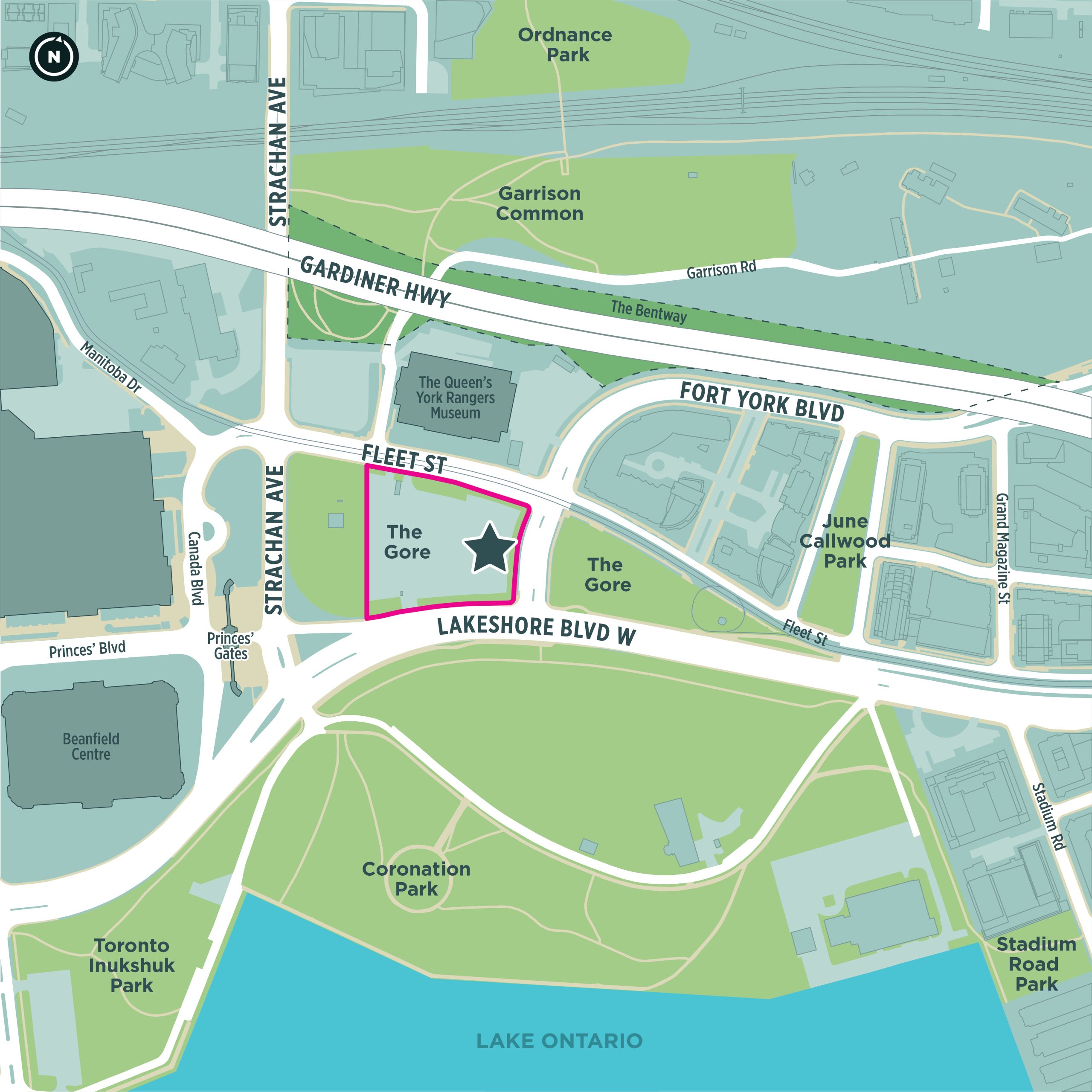 Aerial map showing The Gore Park location, outlined in pink and marked with a star, near Fleet Street and Lakeshore Boulevard West. Nearby parks and landmarks marked on the map include Garrison Common, Ordnance Park, June Callwood Park, Coronation Park, Toronto Inukshuk Park, Stadium Road Park and The Benway.