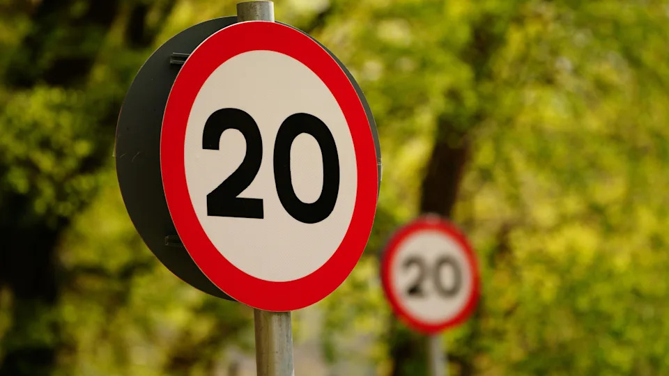 Two 20mph signs with green trees in the background.