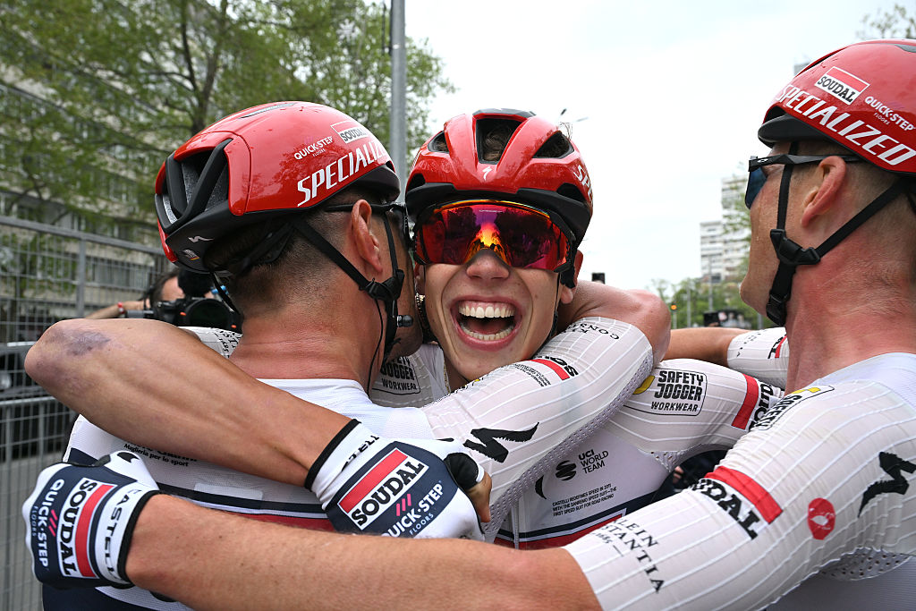 Stage winner Paul Magnier of France and Team Soudal Quick-Step reacts after the 109th Giro d'Italia