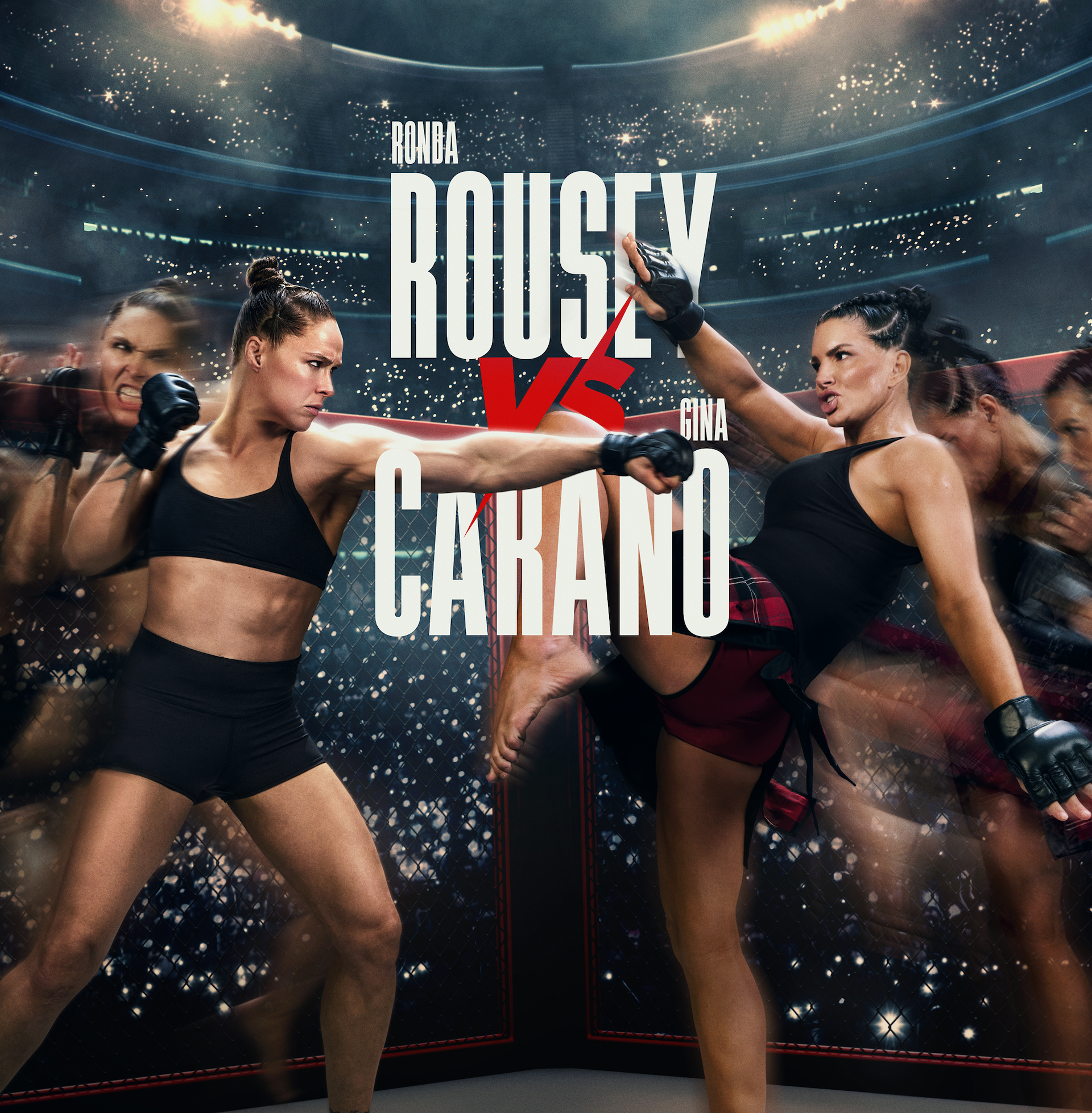 Ronda Rousey & Gina Carano sparring in a professional arena cage, one delivering a kick as the other blocks. Crowd and bright lights in the background, motion blur shows intensity and movement of the match.