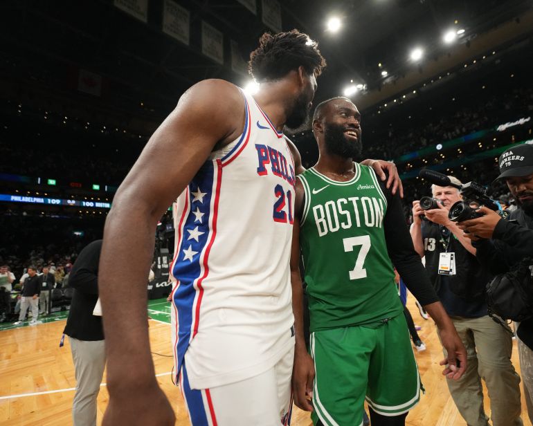 BOSTON, MA - MAY 2: Joel Embiid #21 of the Philadelphia 76ers and Jaylen Brown #7 of the Boston Celtics talk after the game during Round One Game Seven of the 2026 NBA Playoffs on May 2, 2026 at TD Garden in Boston, Massachusetts. NOTE TO USER: User expressly acknowledges and agrees that, by downloading and/or using this Photograph, user is consenting to the terms and conditions of the Getty Images License Agreement. Mandatory Copyright Notice: Copyright 2026 NBAE Jesse D. Garrabrant/NBAE via Getty Images/AFP (Photo by Jesse D. Garrabrant / NBAE / Getty Images / Getty Images via AFP)
