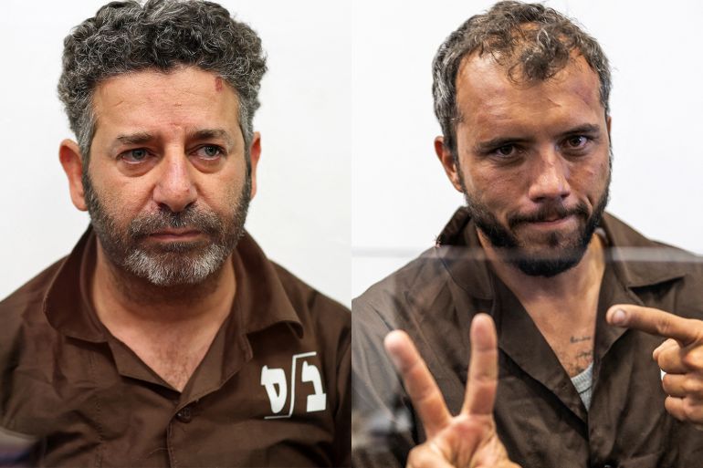 Brazilian activist Thiago Avila and Spanish activist Saif Abu Keshek at a court in Ashkelon [Ilia Yefimovich/AFP]