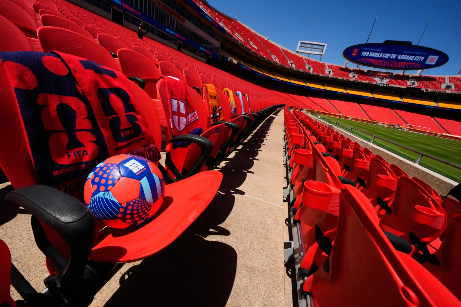 Team scarves are draped on seat backs at Arrowhead Stadium as it is rebranded as Kansas City Stadium, on May 11, ahead of the 2026 FIFA World Cup soccer matches in Kansas City, Missouri.