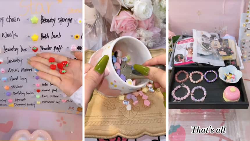 There are three split images, first one shows a white board with a list of different items on it, second one shows beads in a cup, third one shows random items stacked inside a tray.