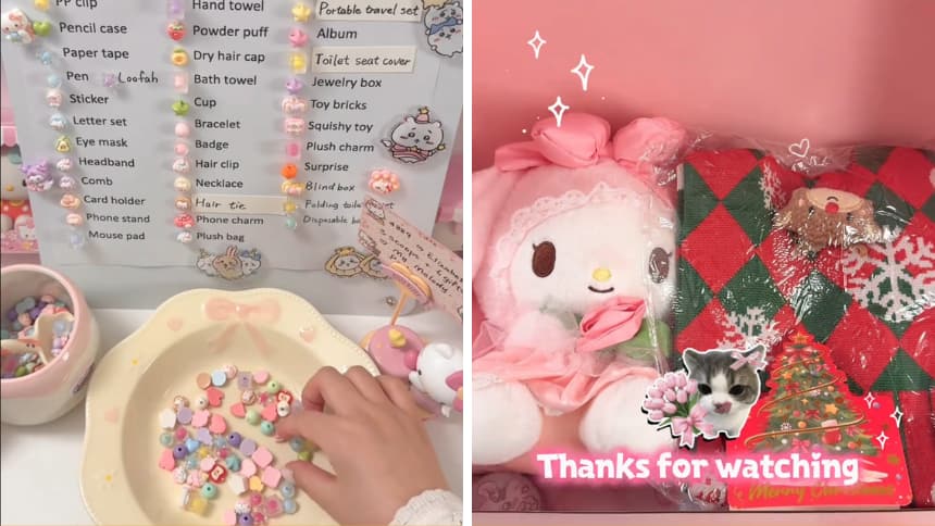 Split image: one side has a bowl of beads in front of a list of items, while the other has a cute plushie, a sweater and a box full of cute items.