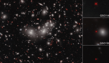 A multi-coloured image of white and red astro-materials against a dark galaxy background.