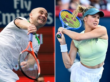 Andre Agassi (left) and Eugenie Bouchard (right) playing tennis.