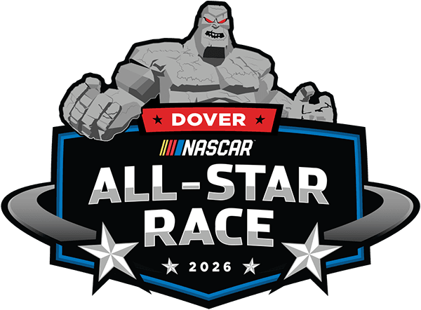 Dover NASCAR All-Star Race 2026 logo featuring a muscular gray figure above a shield with stars and the year 2026
