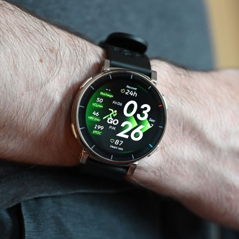 A close up of the Amazfit Active 3 Premium on the wrist of the writer.