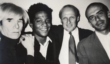 Photo of Andy Warhol, Jean-Michel Basquiat, Bruno Bischofberger and Fransesco Clemente, in New York, 1984.