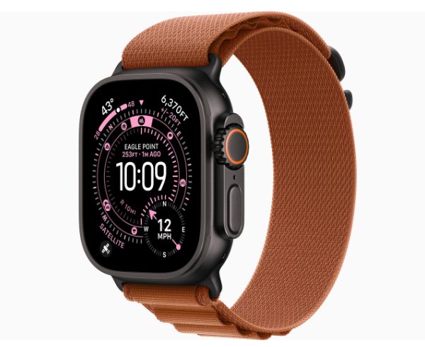 Apple Watch Ultra | iPhone in Canada Black smartwatch with an orange sport band, displaying the time 10:09 on a circular, pink-accented watch face.