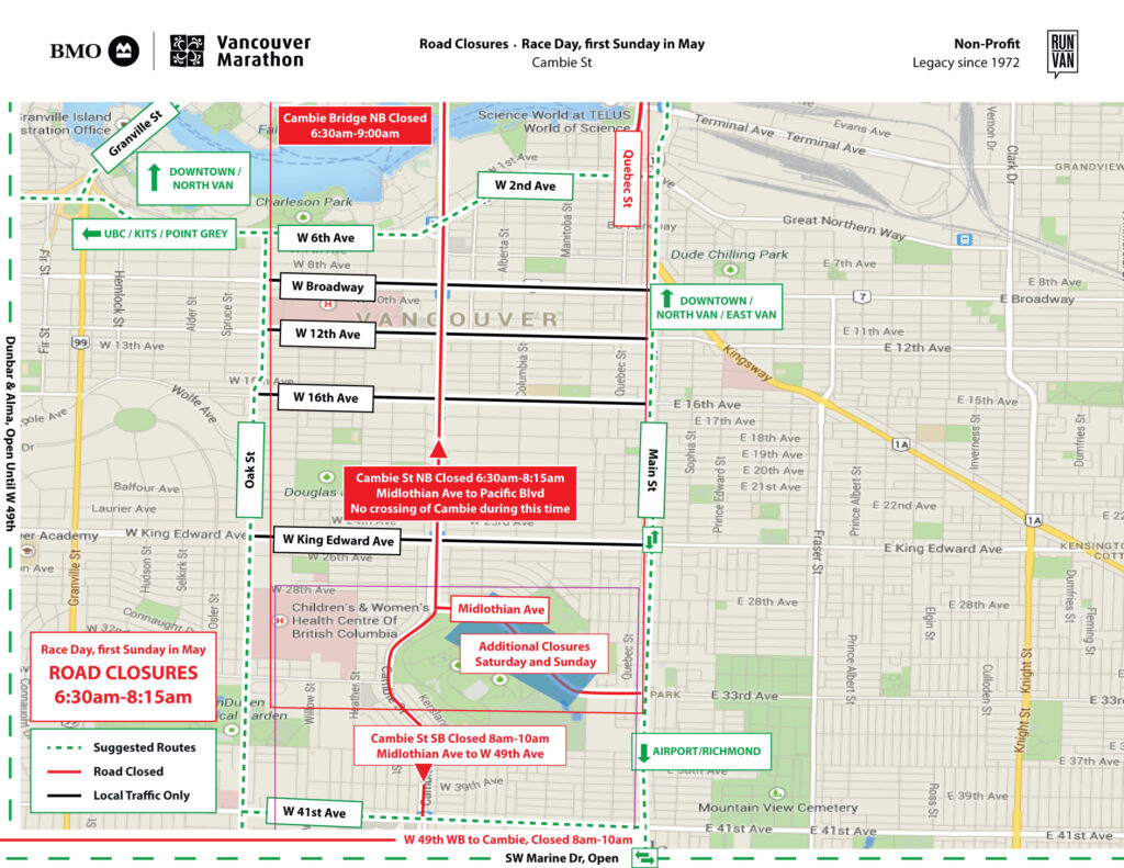Start Area – Queen Elizabeth Park detours and road closures ahead of Sunday’s Vancouver BMO Marathon