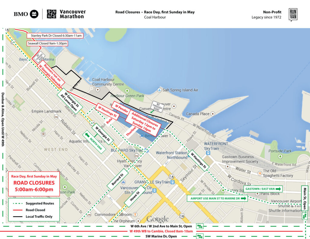 Finish Area – Coal Harbour detours and road closures ahead of Sunday’s Vancouver BMO Marathon. (The Vancouver International Marathon Society RUNVAN)