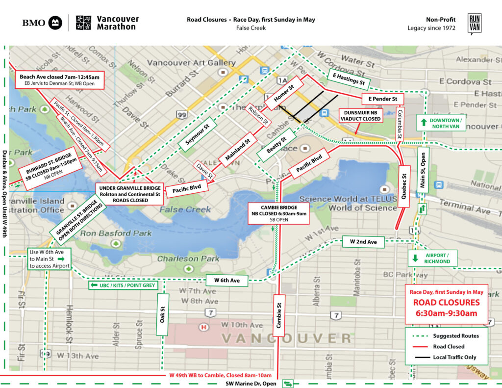 False Creek / Chinatown detours and road closures ahead of Sunday’s Vancouver BMO Marathon