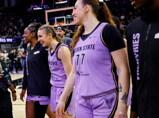 The Golden State Valkyries celebrate winning against the Seattle Storm in a preseason game at Chase Center in San Francisco, Calif., on Saturday, April 25, 2026. (Shae Hammond/Bay Area News Group)