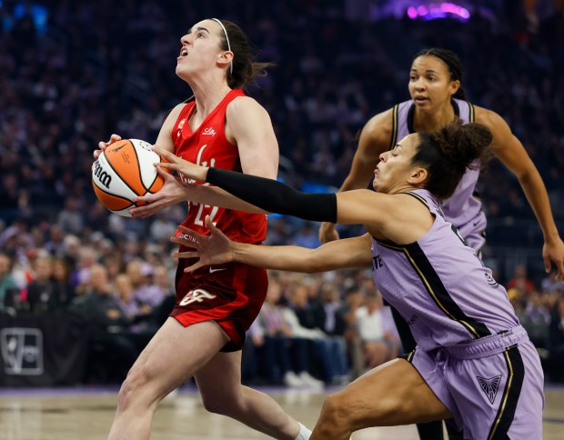 Golden State Valkyries' Veronica Burton (22) strips the ball away from Indiana Fever's Caitlin Clark (22) in the first quarter at the Chase Center in San Francisco, Calif., on Thursday, May 28, 2026. (Nhat V. Meyer/Bay Area News Group)
