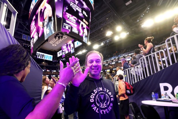 The Golden State Valkyries owner Joe Lacob celebrates their WNBA win as they clinch a spot in the playoffs after defeating the Dallas Wings 84-80 at Chase Center in San Francisco, Calif., on Thursday, Sept 4, 2025. (Ray Chavez/Bay Area News Group)