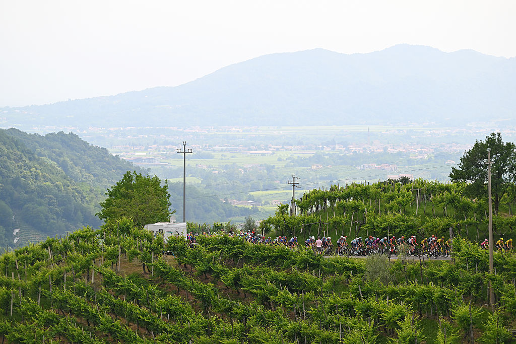 PIEVE DI SOLIGO, ITALY - MAY 28: A general view of the peloton passing a vineyards field during the 109th Giro d&amp;apos;Italia 2026, Stage 18 a 171km stage from Fai della Paganella to Pieve di Soligo / #UCIWT / on May 28, 2026 in Pieve di Soligo, Italy. (Photo by Tim de Waele/Getty Images)