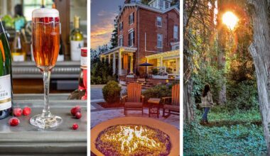 A triptych feature image for Brampton 1860 spring: on the left, a sparkling cranberry Poinsettia cocktail in a tall champagne flute with fresh cranberries scattered on a metal bar surface beside a Champagne Pannier bottle; in the center, the Brampton 1860 firepit burning at dusk with Adirondack chairs and the illuminated red brick historic manor house glowing against a dramatic orange and purple sunset sky; on the right, a woman in a plaid jacket standing between two large ancient cedar trees on the Brampton woodland trail, facing a burst of golden sunset light breaking through the canopy overhead with ivy and clover covering the forest floor below