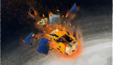 An illustration of a satellite breaking apart as it plunges toward Earth's atmosphere, shown against a dark starfield with the white cloud layer of Earth visible at the lower right. The spacecraft's orange and tan body is engulfed in orange flame and brown smoke, with blue solar panels, a silver dish antenna, and other fragments flying outward in all directions.