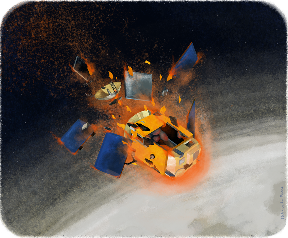 An illustration of a satellite breaking apart as it plunges toward Earth's atmosphere, shown against a dark starfield with the white cloud layer of Earth visible at the lower right. The spacecraft's orange and tan body is engulfed in orange flame and brown smoke, with blue solar panels, a silver dish antenna, and other fragments flying outward in all directions.