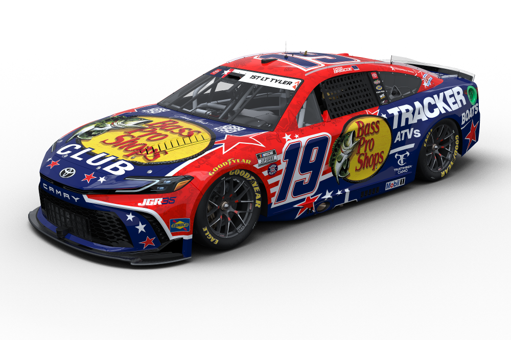 NASCAR-style stock car with red, white, and blue livery, Bass Pro Shops graphic, and the number 19 on the door, viewed from the front-left angle on a black background.