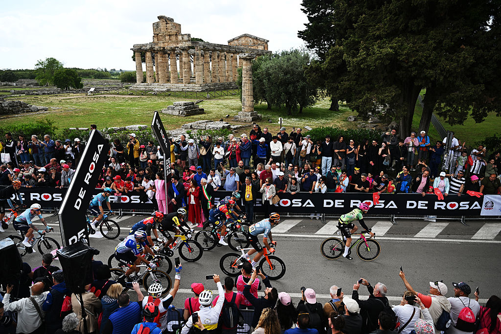 A general view of the peloton prior to the 109th Giro d'Italia 2026, Stage 6 a 141km stage from Paestum to Naples
