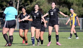 Lajeunesse's Avalina Pellarin (7) and Jennifer Hawkins (22) celebrate a goal against Pain Court in the second half of the SWOSSAA senior girls A soccer final at Ecole Secondaire de Pain Court in Pain Court, Ont., on Thursday, May 28, 2026. Mark Malone/Chatham Daily News/Postmedia Network