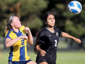 Lajeunesse's Julia Farhat, right, and Pain Court's Keira Rivard vie for the ball in the SWOSSAA senior girls A soccer final at Ecole Secondaire de Pain Court in Pain Court, Ont., on Thursday, May 28, 2026. Mark Malone/Chatham Daily News/Postmedia Network