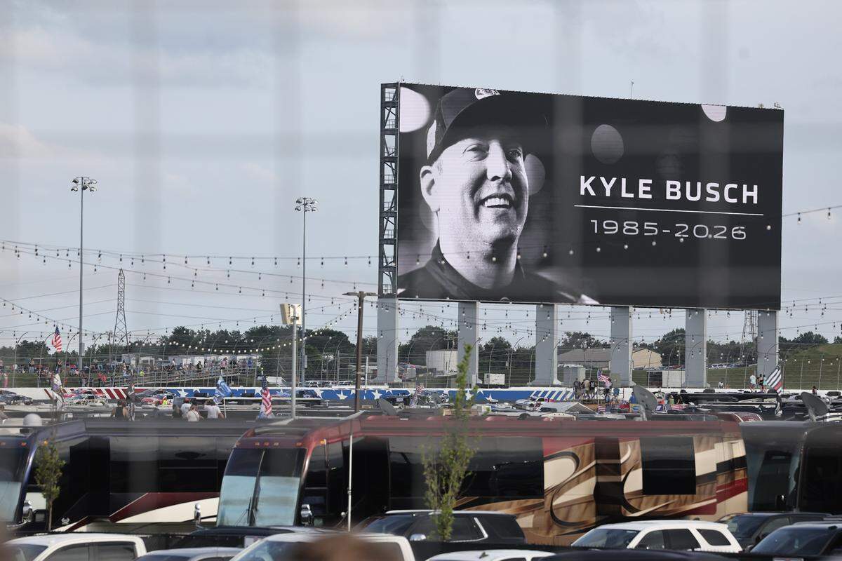 A memorial for Kyle Busch is displayed at Charlotte Motor Speedway Sunday, May 24, 2024 during the Coca Cola 600.