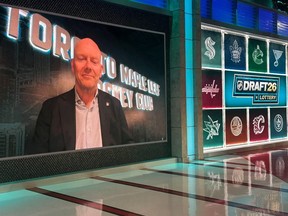 Toronto Maple Leafs executive Mats Sundin appears on a video screen.