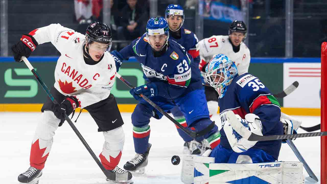 Celebrini scores pair to lead Canada over Italy at men's hockey worlds