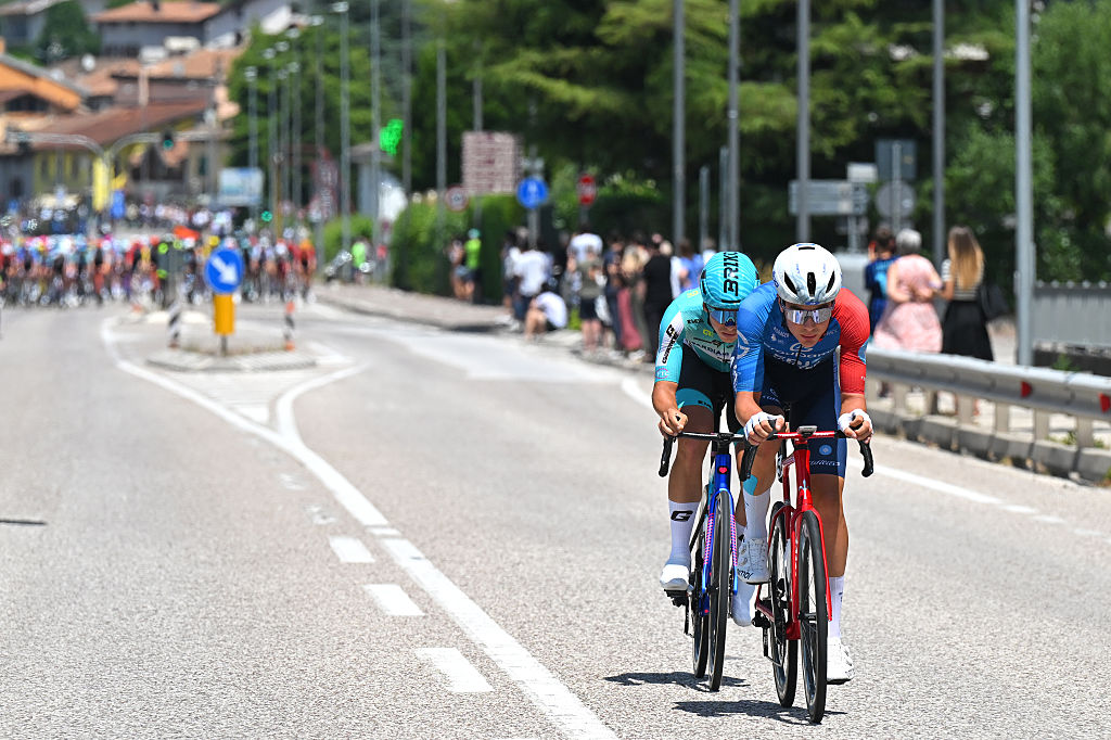 FAI DELLA PAGANELLA, ITALY - MAY 28: (L-R) Filippo Magli of Italy and Team Bardiani CSF 7 Saber and Johan Jacobs of Switzerland and Team Groupama - FDJ United attack during the 109th Giro d&amp;apos;Italia 2026, Stage 18 a 171km stage from Fai della Paganella to Pieve di Soligo / #UCIWT / on May 28, 2026 in Fai della Paganella, Italy. (Photo by Tim de Waele/Getty Images)