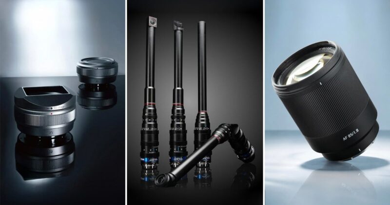 A trio of images showing different camera lenses: a compact lens with a wide mount, three tube-shaped macro probe lenses, and a large telephoto lens on a reflective surface, all against a blue-grey background.
