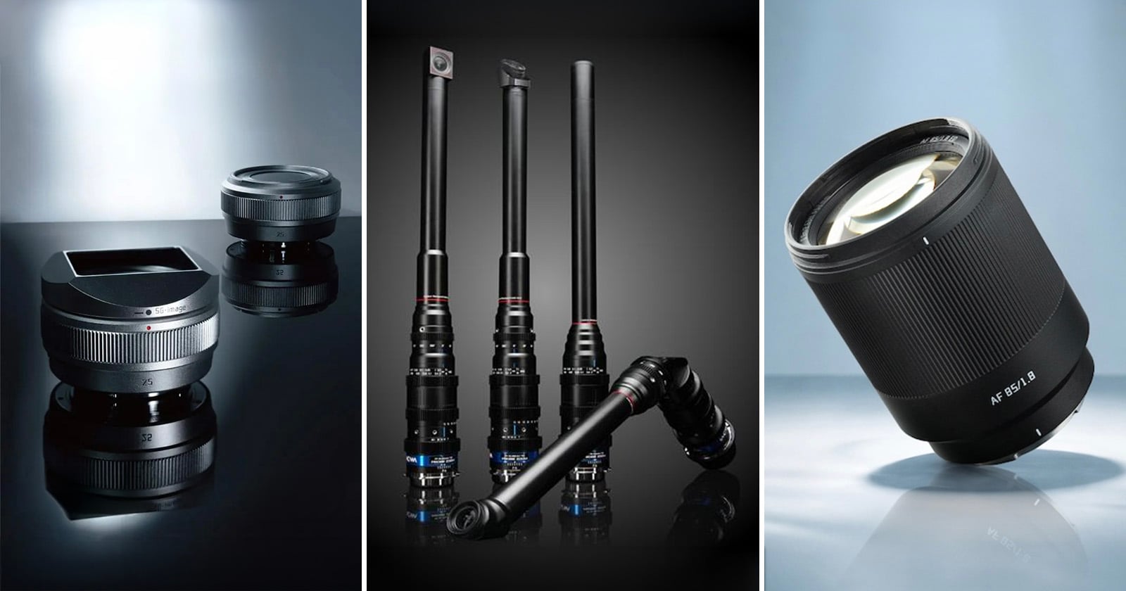 A trio of images showing different camera lenses: a compact lens with a wide mount, three tube-shaped macro probe lenses, and a large telephoto lens on a reflective surface, all against a blue-grey background.