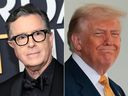Stephen Colbert, left, and Donald Trump are seen in a combination file photo.