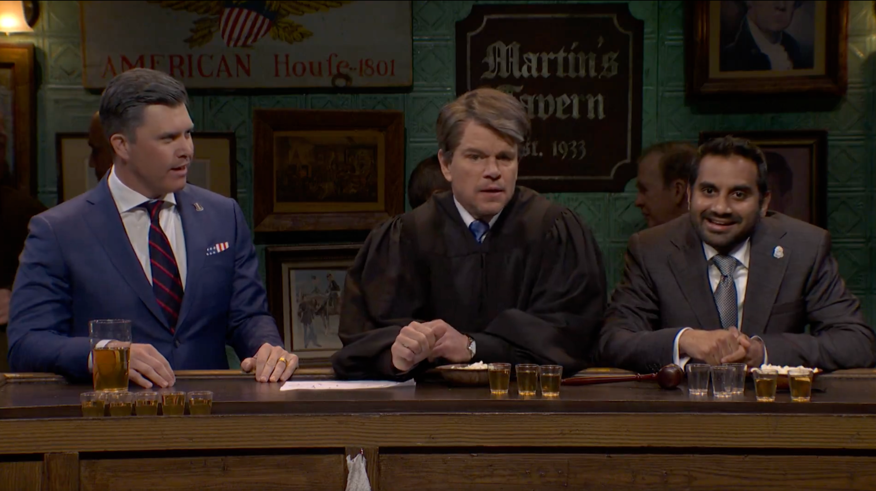 Colin Jost as Pete Hegseth, Matt Damon as Brett Kavanaugh and Aziz Ansari as Kash Patel in Saturday Night Live cold open