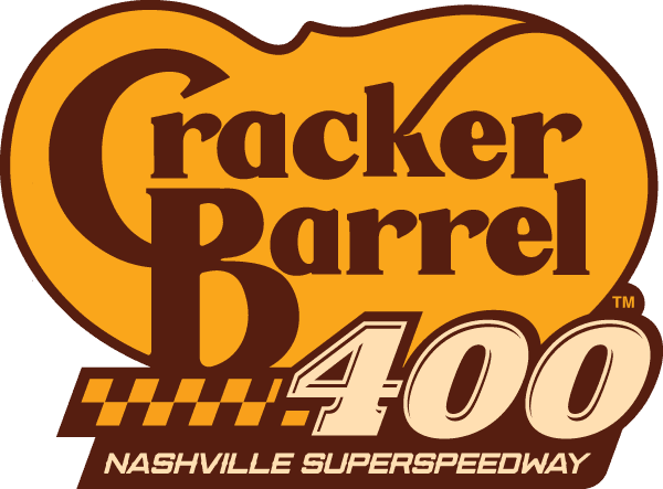 Cracker Barrel 400 at Nashville Superspeedway logo with an orange badge, brown 'Cracker Barrel' lettering, and a checkered flag motif.