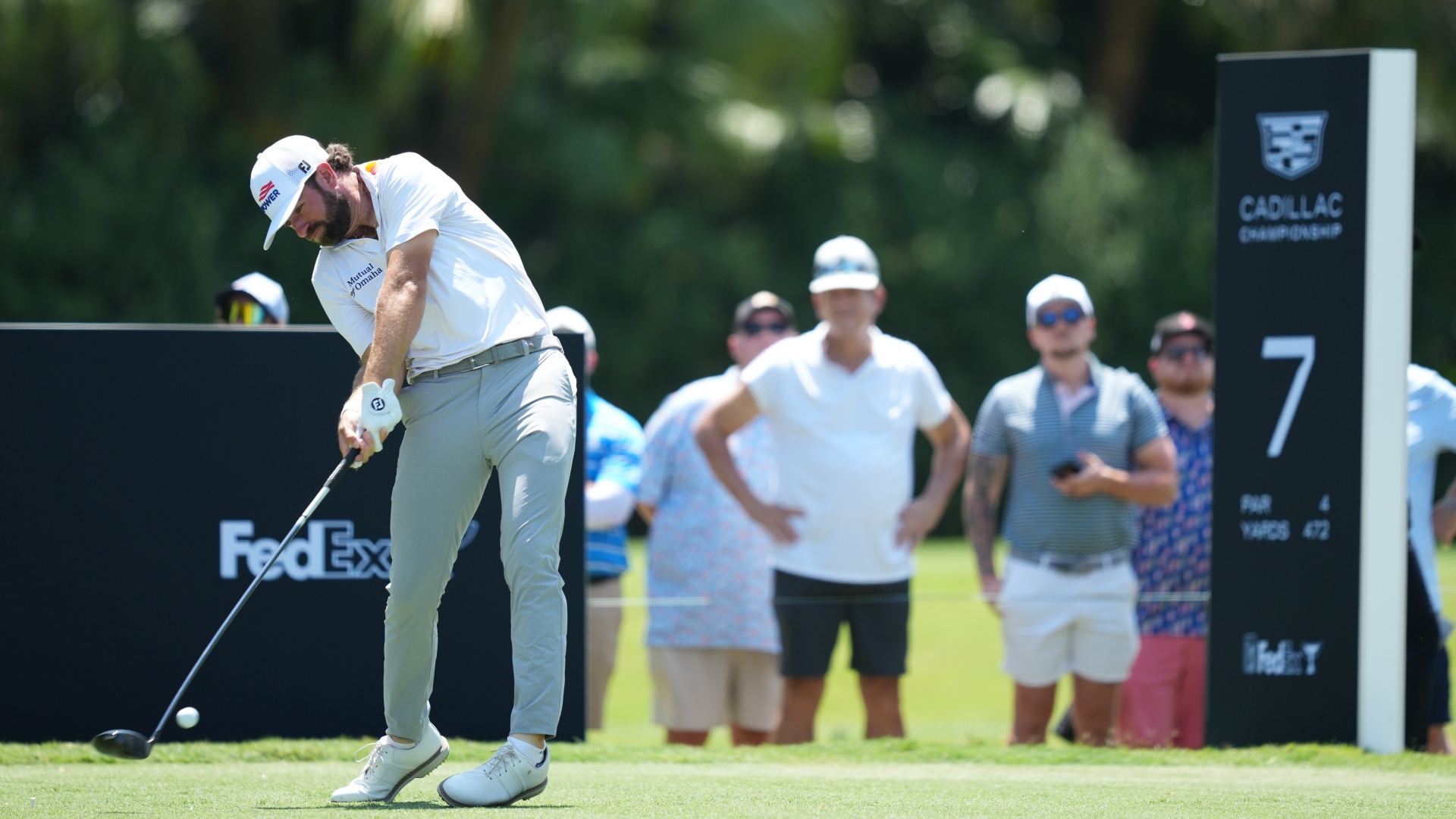 Cameron Young plays a tee shot on the seventh hole during the first round of Cadillac Championship at Trump National Doral