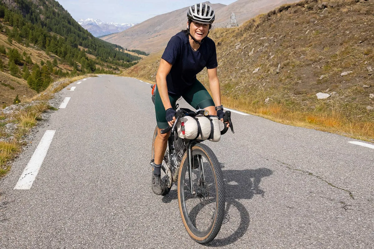 Lael Wilcox - Lone female road cyclist in blue top