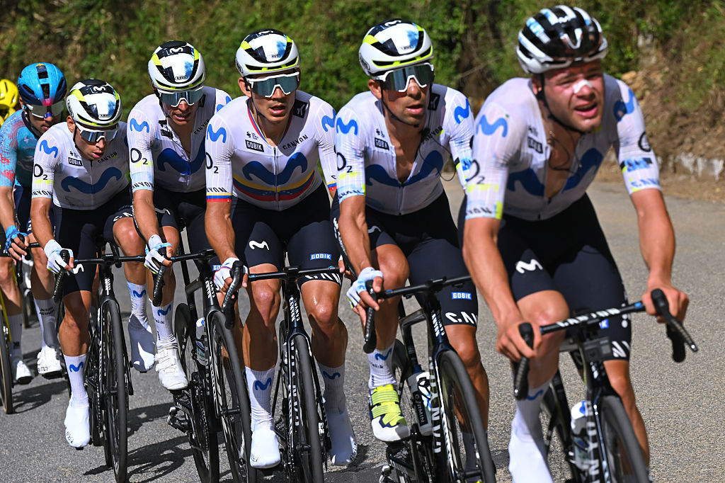 COSENZA, ITALY - MAY 12: (L-R) Einer Rubio of Colombia, Enric Mas of Spain, Orluis Aular of Venezuela and Nelson Oliveira of Portugal and Team Movistar compete during the 109th Giro d&amp;apos;Italia 2026, Stage 4 a 138km stage from Catanzaro to Cosenza / #UCIWT / on May 12, 2026 in Cosenza, Italy. (Photo by Tim de Waele/Getty Images)