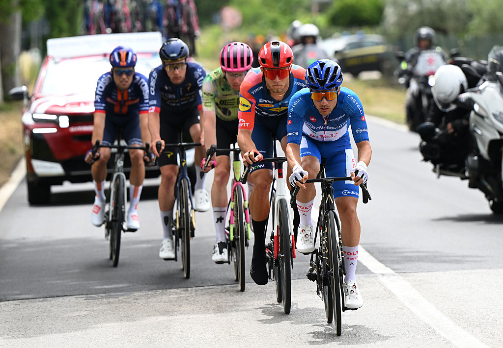 BLOCKHAUS, ITALY - MAY 15: Diego Pablo Sevilla of Spain and Team Polti VisitMalta - Blue Mountain Jersey competes in the breakaway during the 109th Giro d&amp;apos;Italia 2026, Stage 7 a 244km stage from Formia to Blockhaus 1658m / #UCIWT / on May 15, 2026 in Blockhaus, Italy. (Photo by Dario Belingheri/Getty Images)
