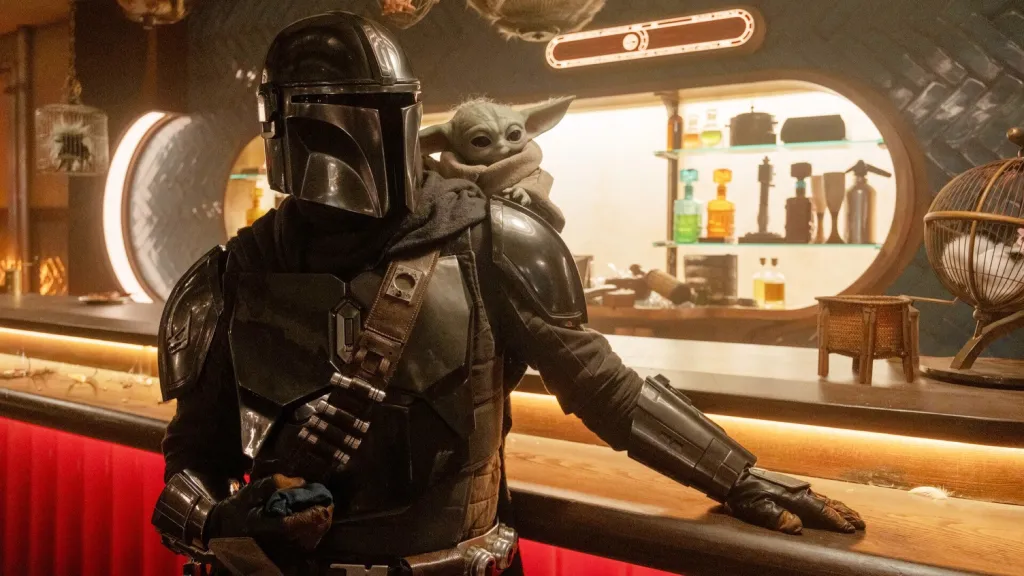 Din Djarin and Grogu at bar in Mandalorian and Grogu