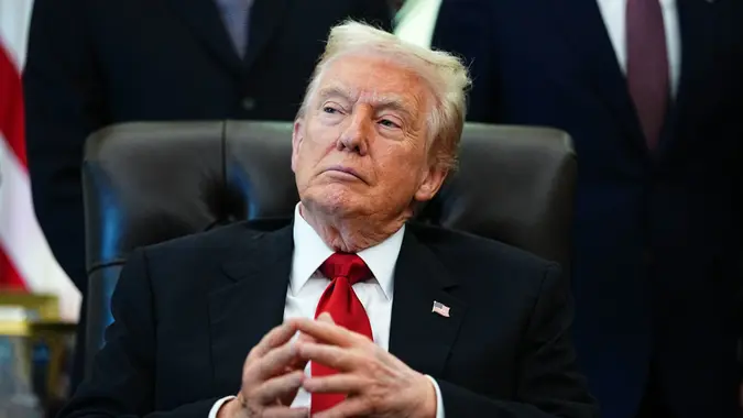 President Donald Trump looks on in the Oval Office of the White House in Washington, DC on Thursday, November 6, 2025.