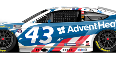 Side view of a NASCAR race car #43 with AdventHealth blue livery and red‑white‑blue stripes, displaying sponsor logos (Goodyear, Dollar Tree, etc.).