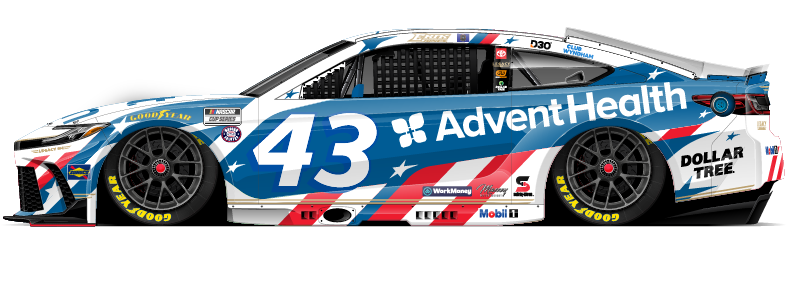 Side view of a NASCAR race car #43 with AdventHealth blue livery and red‑white‑blue stripes, displaying sponsor logos (Goodyear, Dollar Tree, etc.).