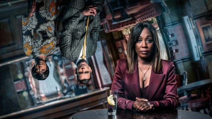 EastEnders - TNTCE_Denise In a poster in the Queen Vic, Denise Fox with Jack Branning and Yolande Trueman in EastEnders.
