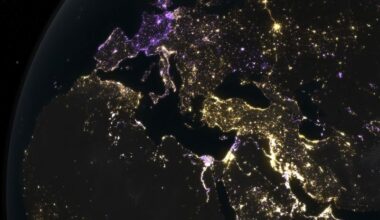 Light pollution: Map of Europe with lights in yellow and the northwestern areas in purple.