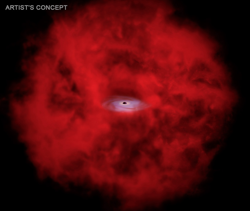 An illustration of a black hole in the midst of a cloud of red gas